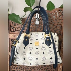 MCM Visetto Boston White & Blue Crossbody Shoulder Bag